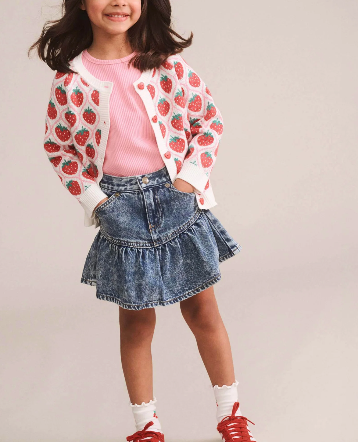 Strawberry Creme Riv Skivvy + Dreamy Denim Tiered Skirt